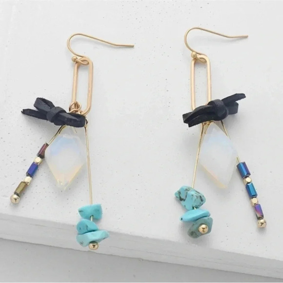 2 LEFT! Opal Dangle Earrings Turquoise Hematite Beads - Picture 9 of 10